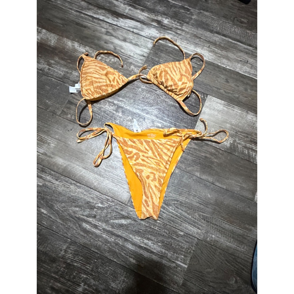 Aerie Zebra Print Bikini Set Orange Tan Triangle Top XL Cheeky Tie Bottoms M